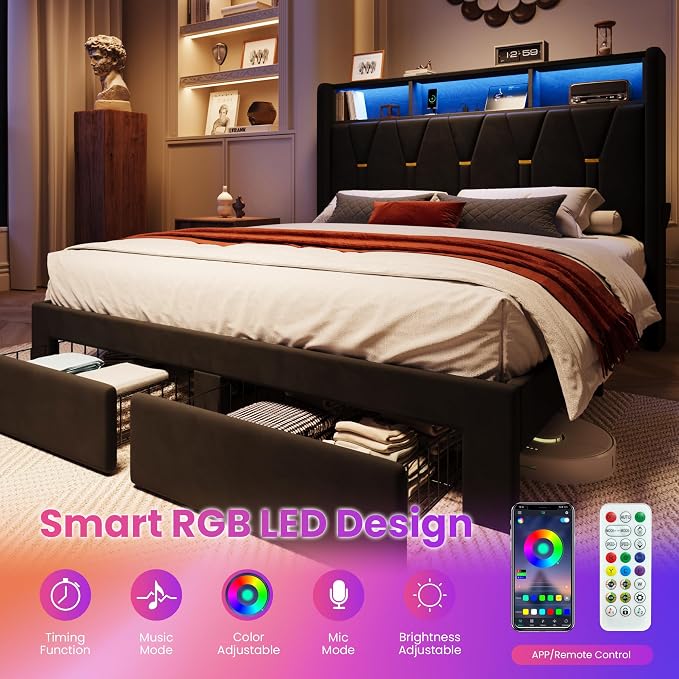 SHA CERLIN Queen Velvet Platform Bed Frame with 2 Storage Drawers, LED Storage Headboard with Charging Station, Upholstered Wingback Headboard, Noise-Free, No Box Spring Needed, Easy Assembly, Black