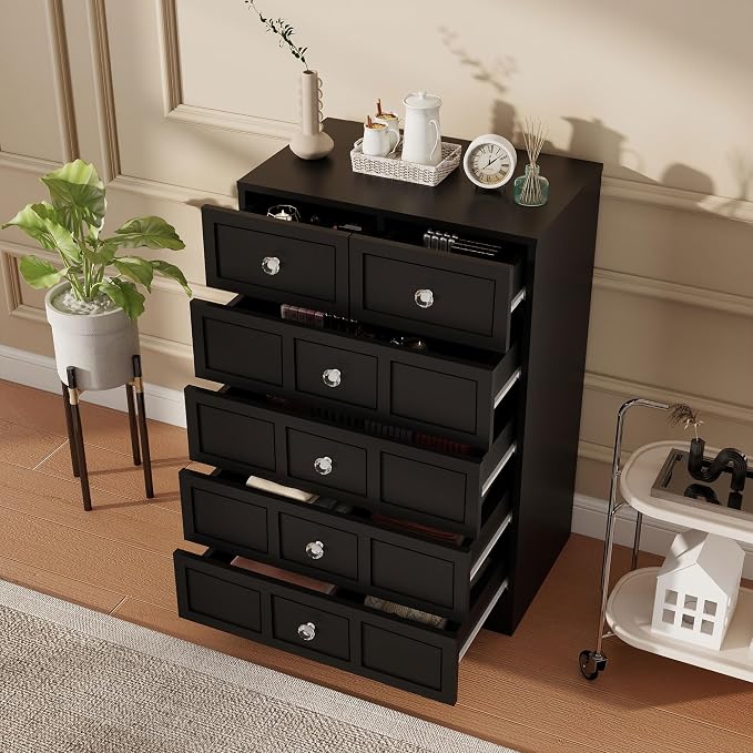 6 Drawer Dresser for Bedroom: 24" Black Wide Tall Dressers for Bedroom, Modern Fluted Dresser with Deep Drawers, Wooden Chest of Drawers for Living Room