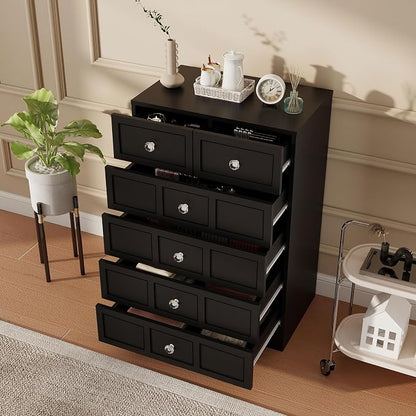 6 Drawer Dresser for Bedroom: 24" Black Wide Tall Dressers for Bedroom, Modern Fluted Dresser with Deep Drawers, Wooden Chest of Drawers for Living Room