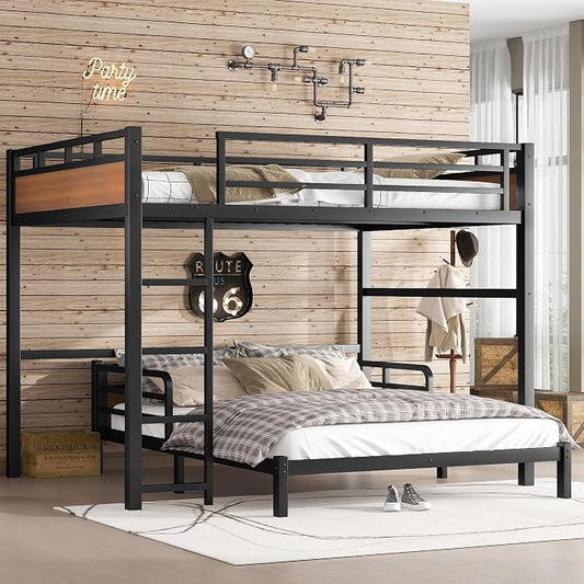 Queen Over Queen Metal Bunk Bed, Heavy Duty Convertible Bunk Bed Frame with Headboard & Full Guardrails, Can Be Split into Two Platform Beds or Loft Bed,Walnut