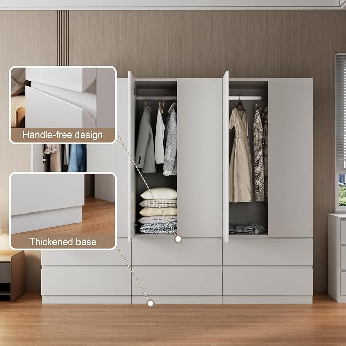 Mekminop White Armoire Wardrobe Closet with Large Capacity, 78.74" Tall Bedroom Armoire, Wooden Wardrobe Cabinet with 2 Drawers, Storage Shelves and Hanging Rod (3)