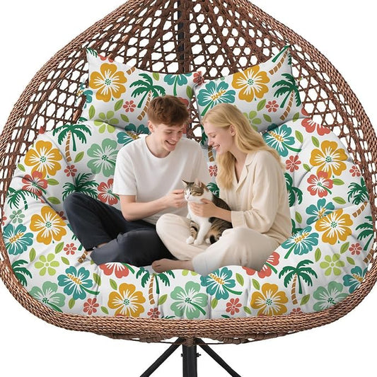Double Egg Chair Cushion Replacement Waterproof for Outdoor Patio Hanging Basket Egg Couch, 59x43-Inch Thickened Cotton Large Double Eggs Swing Chair Cushions, Green Coconut Tree1#