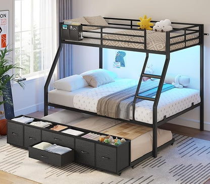 BTHFST Twin Over Full Bunk Bed with Trundle & 6 Storage Drawers, Bunk Bed with LED Lights, Heavy Duty Metal Bunkbeds with Ladder and Full-Length Guardrail, Space Saving, Black