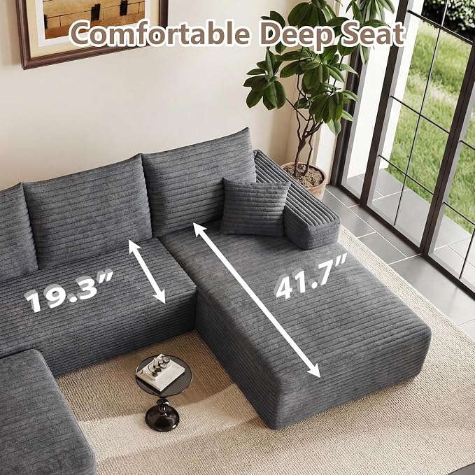 95" Cloud Sectional Couch U-Shaped Chaise with Ottoman, Corduroy Boneless Couch for Living Room Bedroom, Deep-Seat Upholstered Modular Cloud Sofa, No Assembly Required (Grey, Right Facing Chaise)