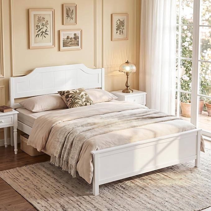 Giantex Full Size Wooden Bed Frame with Headboard, Wood Slat Support | Farmhouse Platform Bed with Heavy Duty Mattress Foundation, Under-Bed Storage, No Box Spring Needed, Easy Assembly (White)