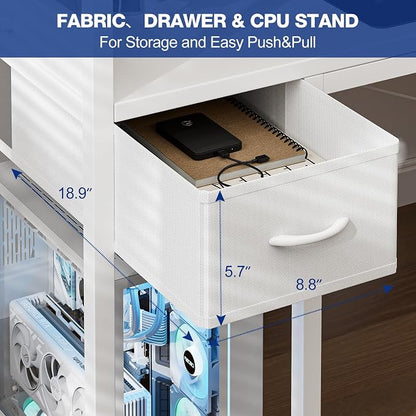 Grandder Gaming Desk 47 Inch with Power Outlet and LED Light, Computer Desk with Reversible Shelves and Storage Drawer, Pc Small Desk for Home Office Table with Bag, Carbon Fiber White