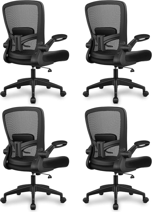 FelixKing Office Chair, Ergonomic Desk Chair Breathable Mesh Chairs Adjustable High Back Lumbar Support Flip-up Armrests, Executive Rolling Swivel Comfy Computer Chairs Home Office Black, Pack of 4