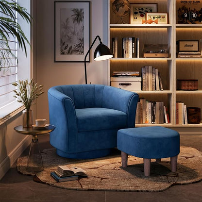 LINSY Swivel Accent Chair Ottoman Set: Velvet Larege Barrel Chair with Foot Rest, Modern Reading Chair Upholstered Armchair with Footrest for Living Room Bedroom Study Room Office (Blue)
