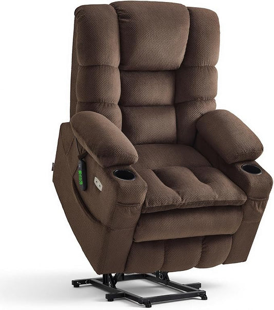 MCombo Triple Motor Lay Flat Power Lift Recliner Chair for Tall Elderly, Infinite Position, Massage, Dual Heating, Adjustable Headrest, Fabric 7634 (Coffee, Large)