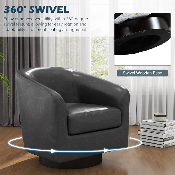 Swivel Barrel Accent Chair, Faux Leather Club Chair Upholstered Armchair for Living Room, Modern Arm Chair Small Single Sofa Bedroom Side Reading Seat - Black
