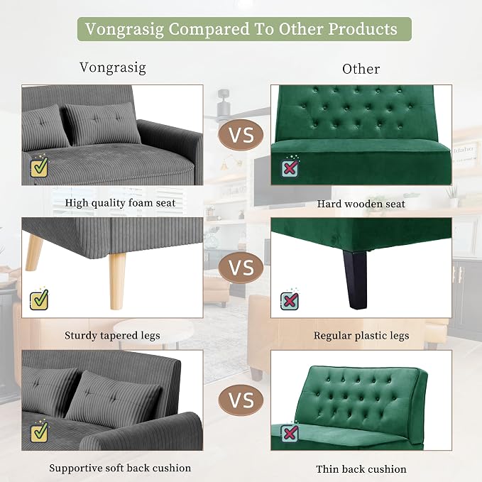 Vongrasig 48" Small Modern Loveseat Sofa, Mid Century Soft Corduroy Fabric 2-Seat Sofa Couch Tufted Love Seat with Back Cushions and Tapered Legs for Living Room, Bedroom and Small Space (Dark Gray)
