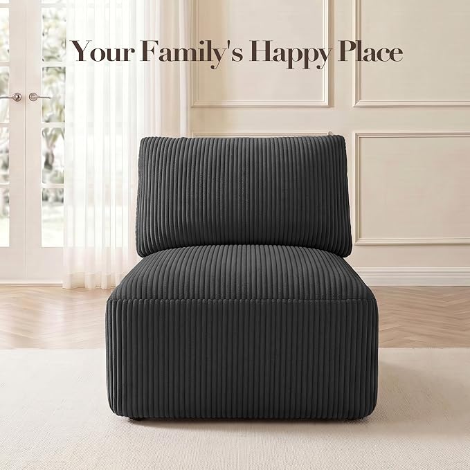 Modular Sectional Sofa Extension, Armless Memory Foam Cloud Chair, 31" Boneless Corduroy Upholstered Single Seat, No Assembly Required Accent Chair for Living Room Apartment Home Decor, Black