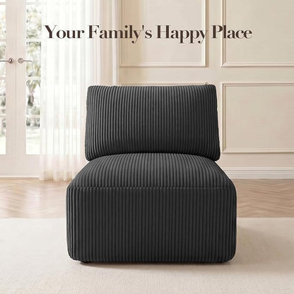 Modular Sectional Sofa Extension, Armless Memory Foam Cloud Chair, 31" Boneless Corduroy Upholstered Single Seat, No Assembly Required Accent Chair for Living Room Apartment Home Decor, Black