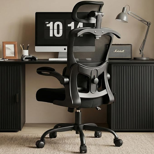 AreShark Office Chair-Ergonomic Desk Chair with Hidden Hanger & Flip-Up Arms, High Back Mesh Computer Chair with 2D Headrest & Adjustable Lumbar, Comfy Rolling Task Chair for Home Work Gaming, Black