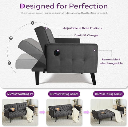 TYBOATLE 65“ Convertible Futon Sofa Bed w/ 2 USB, Upholstered Tufted Small Adjustable Folding Couch Loveseat, Modern Mid Century Sleeper Sofa for Living Room, Bedroom, Apartment, Office (Dark Grey)