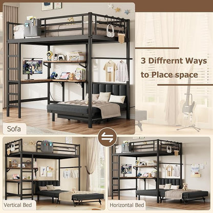 Jocoevol Twin Loft Bed with Mattress, Dual-Access Bed, Pull-Out Folding Bed & L-Shaped Desk, Heavy Duty Metal Bunk Bed Frame with Safety Guardrails, Charging Station & Adjustable Shelves (Dark Black)