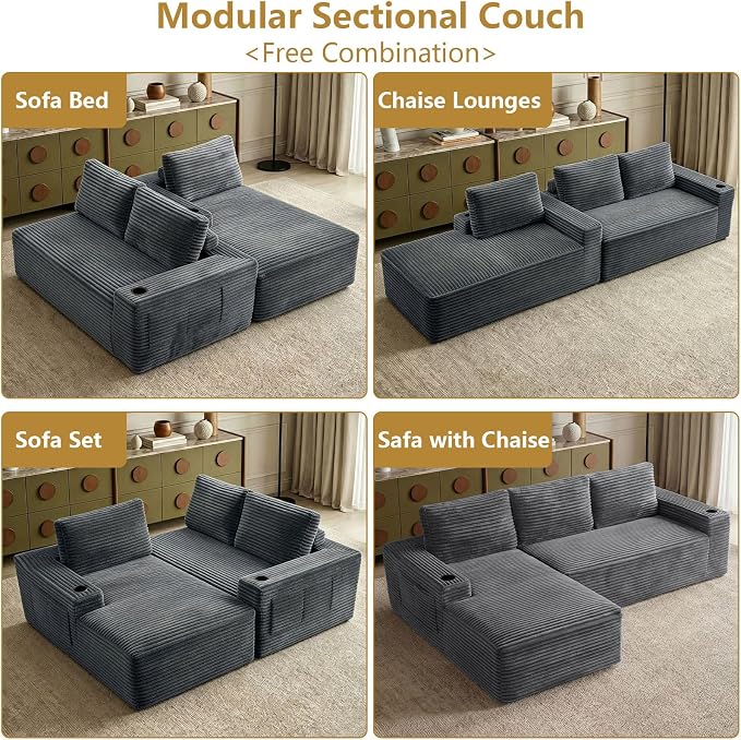 104" Cloud Sectional Couch L-Shaped with Side Pockets Cup Holders, Corduroy Boneless Couch for Living Room,Upholstered Deep-Seat Modular Sectional Sofa, No Assembly Required (Grey,Left Facing Chaise)
