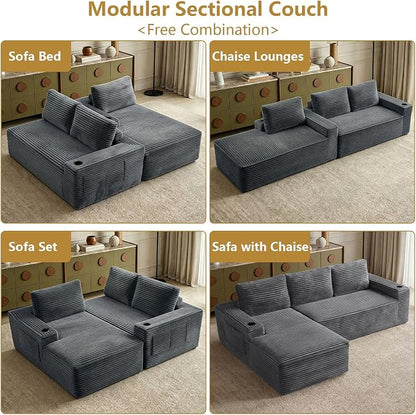 104" Cloud Sectional Couch L-Shaped with Side Pockets Cup Holders, Corduroy Boneless Couch for Living Room,Upholstered Deep-Seat Modular Sectional Sofa, No Assembly Required (Grey,Left Facing Chaise)