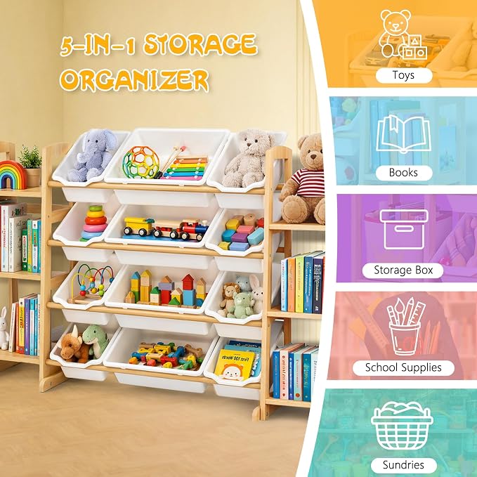 Toy Storage Organizer with Bookshelf – Wooden Toy Organizer with 12 Toy Bins & 6 Tier Bookcase,Quick Assembly Kids Bookshelf,Toy Bin for Playroom, Bedroom, Nursery– White