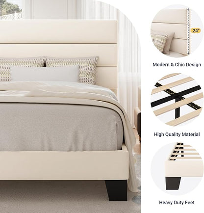 Allewie Twin Size Platform Bed Frame with Fabric Upholstered Headboard and Wooden Slats Support, Fully Upholstered Mattress Foundation/No Box Spring Needed/Easy Assembly, Cream