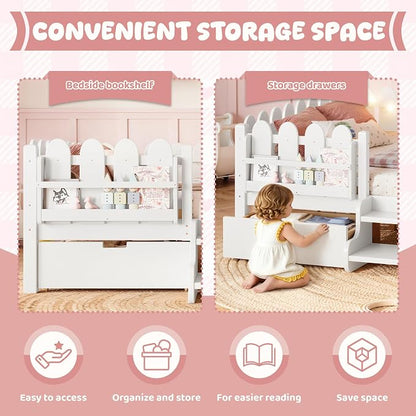 Bellemave Queen Size Montessori Bed with Stairs, Lights, Rails and Slats, Queen Size Montessori Floor Bed with Bookshelf and 2 Storage Drawers, Easy Assemble Beds Frame for Girls, Boys, White