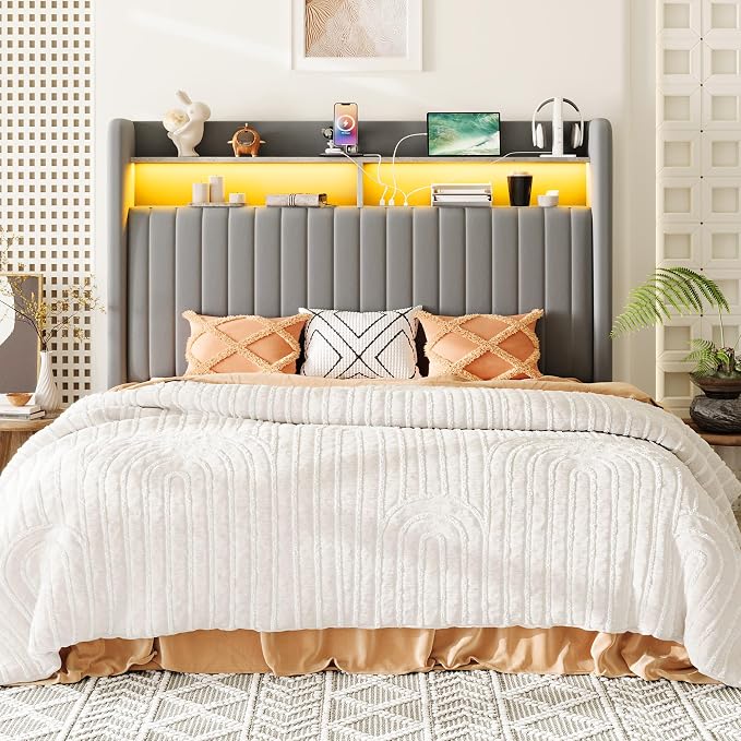 Allewie Full Size Lift Up Hydraulic Storage Bed Frame, 2-Tier Shelf Headboard with LED Lights and Charging Station, USB and Type C Ports, Wingback Velvet Headboard, No Box Spring Needed, Gray