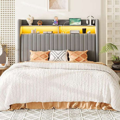 Allewie Full Size Lift Up Hydraulic Storage Bed Frame, 2-Tier Shelf Headboard with LED Lights and Charging Station, USB and Type C Ports, Wingback Velvet Headboard, No Box Spring Needed, Gray