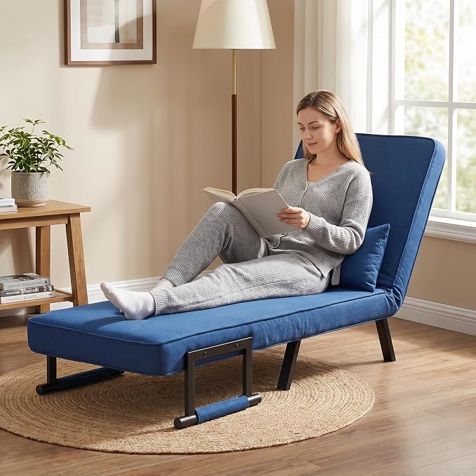 5 in 1 Convertible Bed Sleeper Chair, Chair Bed for Adults with 5 Adjustable Backrest, Folding Chaise Lounge Couch with Pillow, Comfortable for Living Room Bedroom Apartment Office, Blue