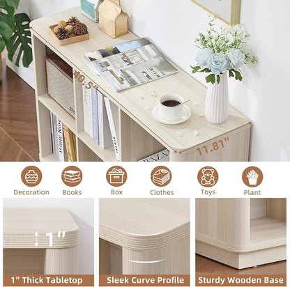 Joaxswe 6 Cube Bookcase, 40" Wide Horizontal 2-Tier Book Shelf w/Curved Edge, Wood Low Floor Standing Bookshelf with Base, Modern Short Storage Organizer for Living Room,Office, Gray-White Cream Oak