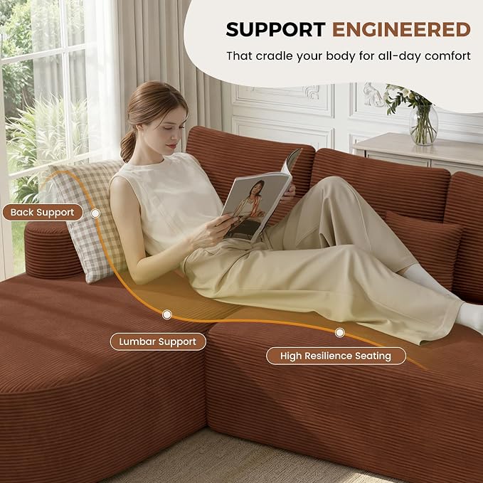 112" Modular Curved Sofa, Oversized Couches for Living Room, Modern Cloud Couch with Deep Seat, Corduroy Foam Couch, No Assembly Required, Red Brown, 1PCS