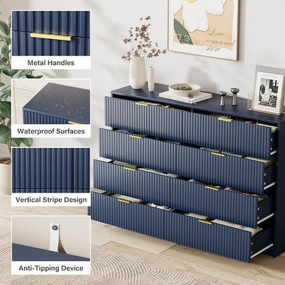 Furniway Navy Blue Dresser for Bedroom, Modern Dresser with 8 Drawers and Smooth Slides, Wide Chest of Drawers with Golden Handles for Bedroom, Closet, 15.7" D x 55" W x 37.4" H
