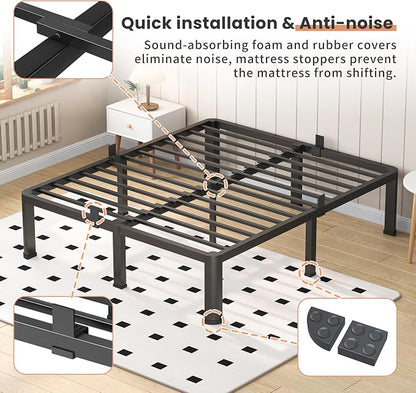 VIPSHOW 16 Inch Full Heavy Duty 3500 lbs Bed Frame with Round-Corner Legs & Anti-Squeak Design – Quick Assembly Metal Platform, No Box Spring Needed