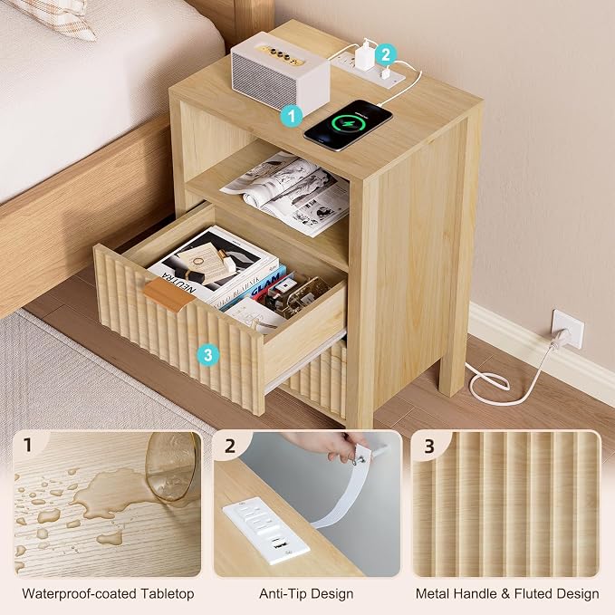 Nasonet Night Stand Set 2, Fluted End Table Set of 2, Modern Nightstand with Charging Station, Wood Bedside Table with Storage Drawer for Bedroom, Natural Oak