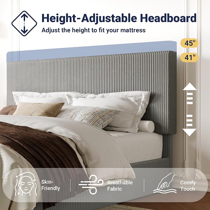 Allewie King Bed Frame, Upholstered Platform Bed, Adjustable Vertical Channel Tufted Headboard, Corduroy Fabric, Modern Low Profile, Wooden Slats, No Box Spring Needed, Easy Assembly, Light Grey