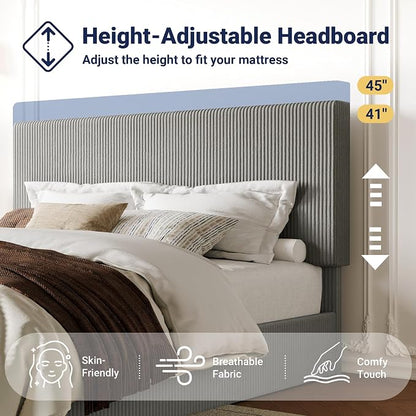 Allewie King Bed Frame, Upholstered Platform Bed, Adjustable Vertical Channel Tufted Headboard, Corduroy Fabric, Modern Low Profile, Wooden Slats, No Box Spring Needed, Easy Assembly, Light Grey