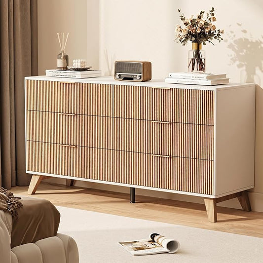 6 Drawer Dresser, 53.43 Inch Fluted Wood Double Dresser with Metal Handles Curved Design Wide Storage Organizer Cabinet Mid Century Modern Chest Dressers for Bedroom Living Room Entryway