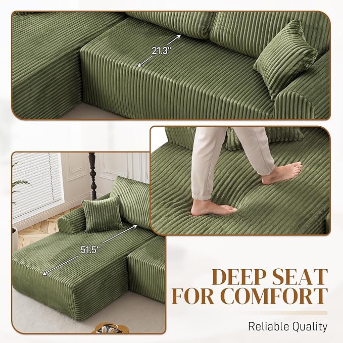 110" L Shaped Boneless Sectional Couches for Living Room, Comfy Corduroy Floor Cloud Sofa with Chaise, Wide Armrest, Deep Seat, Memory Foam, Assembly Free, Ideal for Small Spaces, Green
