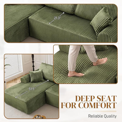 110" L Shaped Boneless Sectional Couches for Living Room, Comfy Corduroy Floor Cloud Sofa with Chaise, Wide Armrest, Deep Seat, Memory Foam, Assembly Free, Ideal for Small Spaces, Green