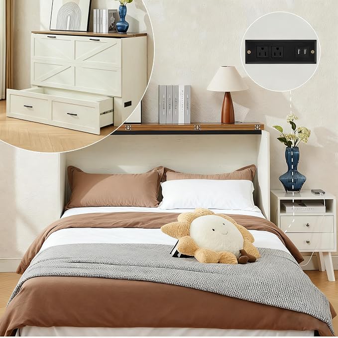 Queen Murphy Bed with Charging Station Large Storage Drawer Farmhouse Wood Space Saving Hidden Foldable Cabinet Bed for Bedroom Office School, Rustic White