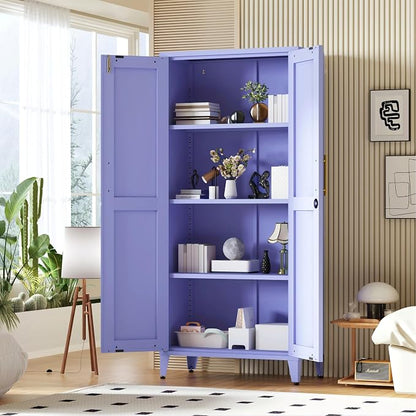 61" Tall Farmhouse Metal Storage Cabinet, Kitchen Pantry Storage Cabinets with 2 Barn Door and 3 Adjustable Shelves, for Home, Office, Kitchen, Laundry Room, Kids Room, Entryway, Purple