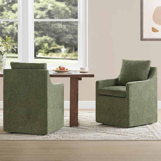 KISLOT Upholstered Dining Chairs Set of 2, Washable Cover Modren Deskchair with 4 Casters & Hidden Storage for Dining Room, Living Room, Home Office, Green, 2 Box