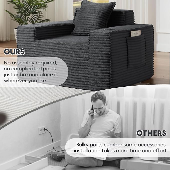 Boneless Sofa Couch with Cup Holders & Side Pockets, Modern Corduroy Fabric Deep Seat Single Cloud Couch for Reading Living Room Office, No Assembly (Grey)