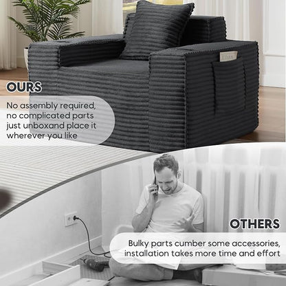 Boneless Sofa Couch with Cup Holders & Side Pockets, Modern Corduroy Fabric Deep Seat Single Cloud Couch for Reading Living Room Office, No Assembly (Grey)