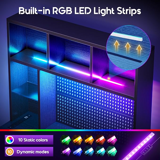 AODK 71" L Shaped Gaming Desk with Hutch, Pegboard & Shelves, L Shaped Desk with 4 Drawers, Integrated LED Light Strip & Power Outlets, Reversible PC Gaming Computer Desk, Black