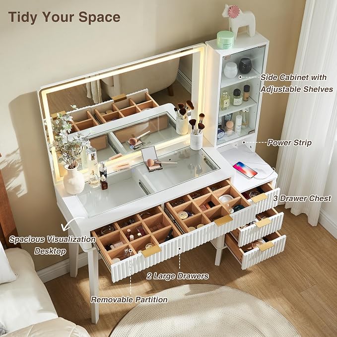 T4TREAM 48" Fluted Makeup Vanity Desk with Large 36" Mirror and Lights, Modern Glass Top Big Vanity Table with 5 Drawers & Adjustable Shelves, Dressing Table Set w/Charging Station for Bedroom, White