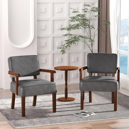 FAGAGA Accent Chair Set of 2 with Table, PU Leather Oversized Living Room Chairs with Soft Seat and Armrests, Armchair for Bedroom, Dinning, Reading and Waiting Rooms (Leather Gray)