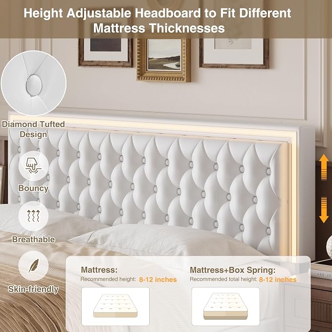 Keyluv Queen Size LED Bed Frame with 4 Storage Drawers and Adjustable Headboard, PU Leather Upholstered Button Tufted Modern Platform Bed, Solid Wooden Slats Support, Easy Assembly, White