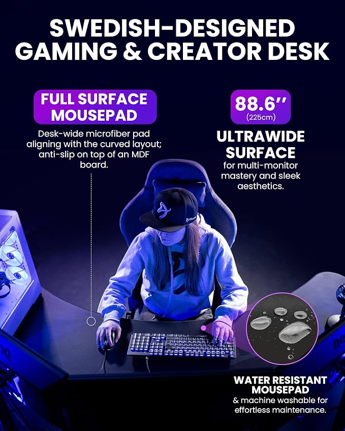 Arozzi Arena Angelo Gaming Desk with Storage - 88.6x28” Corner Desk - Curved Design Table, Fits 3 Large Screens with Adjustable Height - Full-Surface Mousepad - Gunmetal