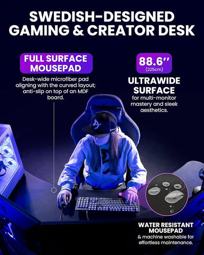 Arozzi Arena Angelo Gaming Desk with Storage - 88.6x28” Corner Desk - Curved Design Table, Fits 3 Large Screens with Adjustable Height - Full-Surface Mousepad - Gunmetal