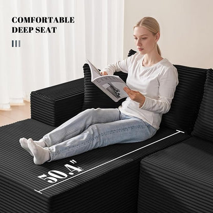 Mangodan 140” Cloud Sectional Couch, Modular Sectional Sofa with Deep Seat, Boneless Sofa for Living Room, Fluffy Comfy L-Shaped Couch with Left Facing Chaise, No Assembly Required, Black